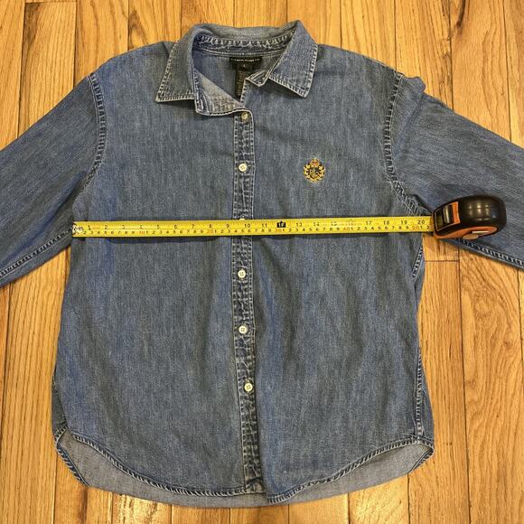 90s Ralph Lauren Blue Denim Button Down Shirt Crown Logo Pocket Womens Large - Picture 6 of 14